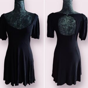 Velvet Torch Open Back Skater Dress with Poof Sleeves in Black